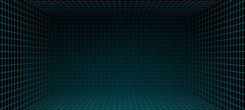 Blue grid lines forming a dimensional box structure. Futuristic immersive digital environment for data display or virtual reality background application.