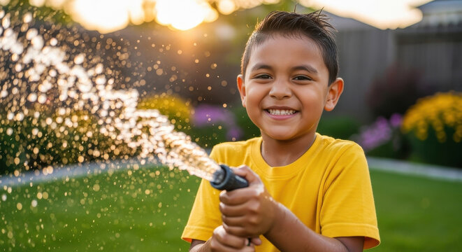 smiling hispanic child in yellow shirt playing with garden hose in backyard. sunlight creates a vibrant atmosphere. summer fun, outdoor activity, family leisure, childhood joy. - Powered by Adobe
