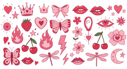pink doodle elements collection cute hearts lips butterflies and flames for girly designs ideal for valentines day graphics and trendy stickers