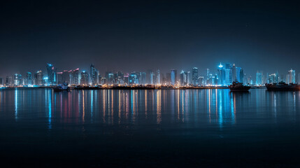 Fototapeta premium View of illuminated megapolis skyline reflected on calm sea surface, ships and lights glowing under deep blue night.