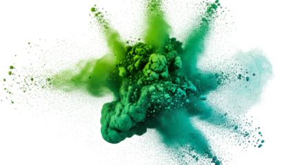 A vibrant explosion of green and teal powder against a stark white background, creating a dynamic and energetic abstract composition.