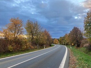 Fototapeta premium Scenic road surrounded by colorful autumn trees and fallen leaves. A peaceful fall landscape capturing the beauty of the changing season — perfect for travel, nature, and countryside photography.