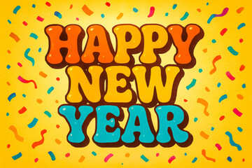 Fototapeta premium Playful and colorful “Happy New Year” illustration with bold bubble-style typography on a bright yellow background surrounded by confetti and streamers. Cheerful artwork ideal for greeting cards