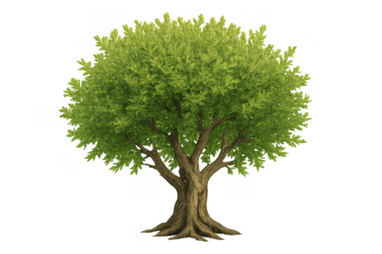 Mature tree with green foliage, strong trunk structure, and branching system on a transparent background