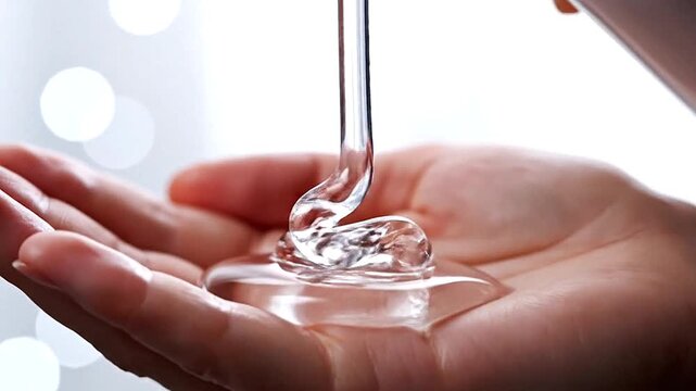 Clear liquid soap is squeezed, its thick viscosity captured in a single, perfect drizzle.