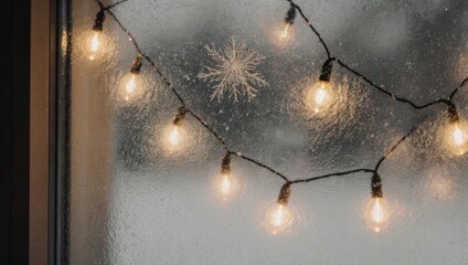 Warm Christmas lights illuminate a frosty window with snowflake decals.