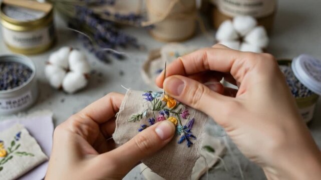 Hands embroidering floral design on fabric, with lavender and cotton background