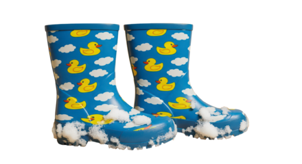 Blue rain boots with yellow duck print, transparent background
