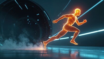 Dynamic digital art shows running man with glowing energy body in futuristic environment. Athlete demonstrates motion speed in innovative design concept. Energetic character runs in modern urban