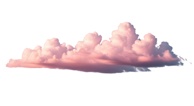A fluffy cumulus cloud with soft pink and purple hues, illuminated by the setting sun. - Powered by Adobe