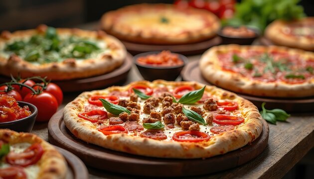 Several hot pizzas sit on wooden table. Close-up view shows fresh tomato slices, basil leaves, and crumbled meat toppings. Background pizzas include green herbs and cheese.