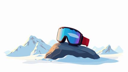 Ski goggles on rock with pink-blue gradient lens under sunlight and snowy peaks, concept of freedom and outdoor exploration