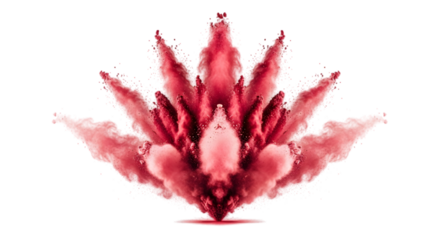 A symmetrical explosion of red powder, creating a dynamic and artistic visual effect against a white background.