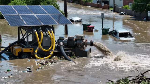 Solar Powered Pump Discharges Floodwater From Flooded Suburban Area