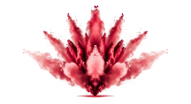A symmetrical explosion of red powder, creating a dynamic and artistic visual effect against a white background. - Powered by Adobe