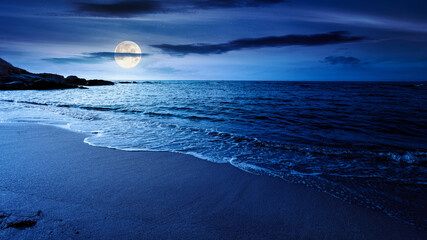 panoramic view of sand beach landscape at night. summer vacation season at the black sea in full moon light. beautiful seaside with calm water. wide coast travel banner © Pellinni