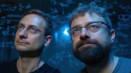 Two researchers analyzing complex equations under dim lighting with mathematical formulas on a blackboard conveying curiosity and intellectual exploration captured with clarity