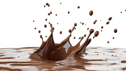 Dynamic chocolate splash captured in motion with rich, flowing texture, ideal for food photography, dessert designs, culinary advertising, and creative digital projects. Isolated on white or transpare