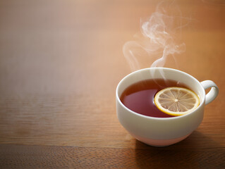 Steaming cup of hot tea with lemon slice on a wooden table.