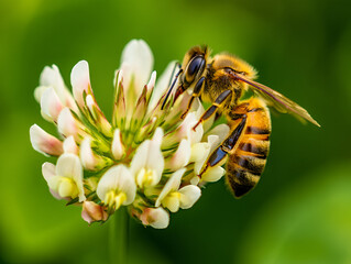 Honeybee collecting nectar from a white clover flower, macro close-up with a soft green background