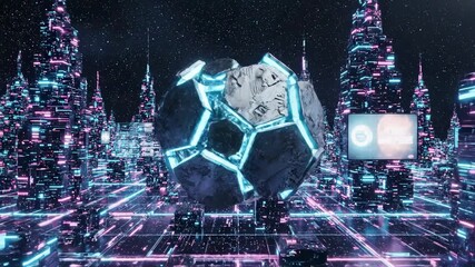 A Stunning Futuristic Cityscape with Advanced Neon Structures and a Central Floating Hexagonal Sphere Captured in Dynamic Visual Aura - Powered by Adobe