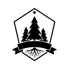 Fototapeta premium Vector art of pentagon badge with pine trees and roots design