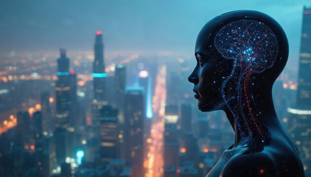Robotic head profile view against glowing cityscape at night. Futuristic artificial intelligence brain synapses visible inside transparent skull. AI entity observes urban future.