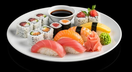 Plate of assorted sushi rolls and nigiri with soy sauce and wasabi