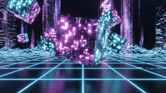 A Dynamic Neon Landscape of Floating Cubes and Electric Waves Captured Through a Vivid Digital Realm of Light and Colorful Patterns
