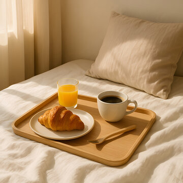 Desayuno en la cama con croissant, caf&eacute; y jugo de naranja en bandeja de madera con luz c&aacute;lida