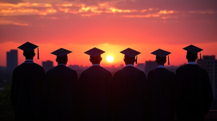 Graduates silhouetted at sunset, cityscape background; education, achievement