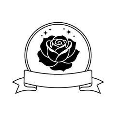 Vector art of rose badge with ribbon, floral emblem design