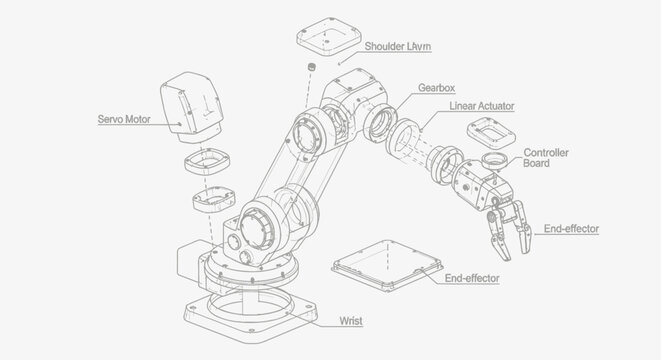 Detailed robotics engineering blueprint showing mechanical components, gears, joints, and actuators in precise technical line art.