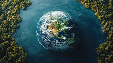 Earth surrounded by lush rainforest, aerial view, environmental conservation, website banner