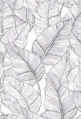 Intricate black and white tropical leaf pattern design featuring detailed vein structures on a white background.