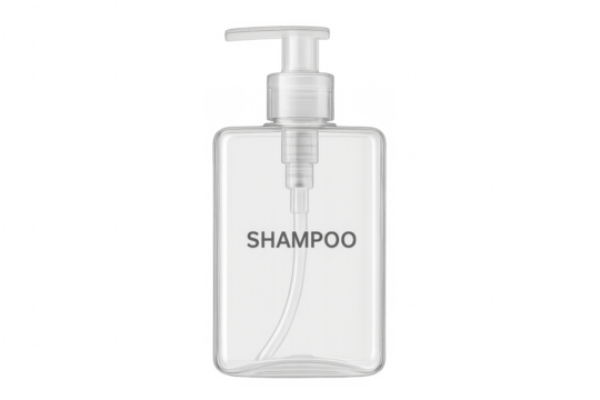 Clear shampoo dispenser bottle on transparent background