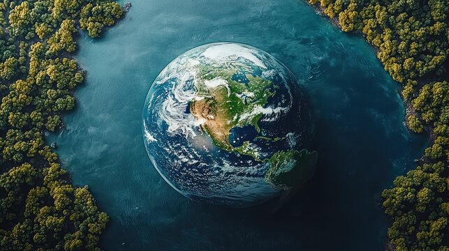 Earth surrounded by lush rainforest, aerial view, environmental conservation, website banner