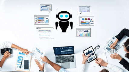 A modern business meeting showcases a diverse team collaborating around technology. Visual data analysis graphics surround them, illustrating the integration of AI in strategic planning. Trope