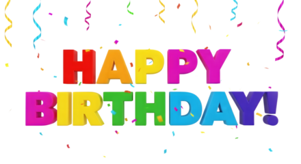 Colorful happy birthday text with confetti isolated on transparent background