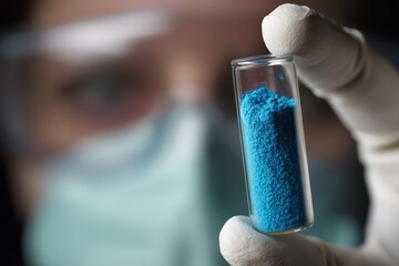 Laboratory technician examining vibrant blue powdered compound in a test tube ready for innovative research and analysis in advanced material science and chemical engineering