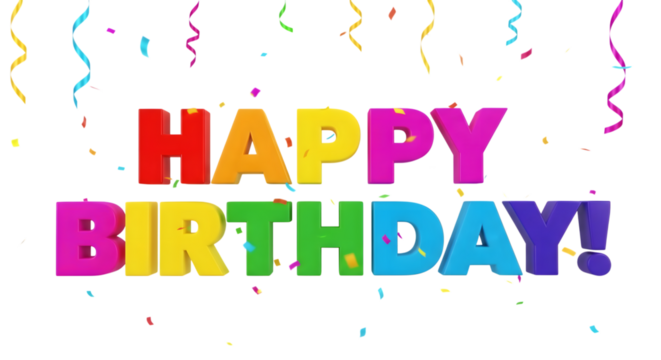Colorful happy birthday text with confetti isolated on transparent background