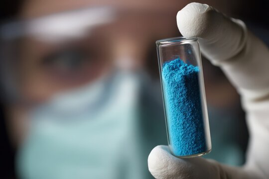 Laboratory technician examining vibrant blue powdered compound in a test tube ready for innovative research and analysis in advanced material science and chemical engineering