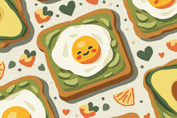 Cute avocado toast with sunny-side egg smiling face, surrounded by fruit hearts, minimal pastel illustration.