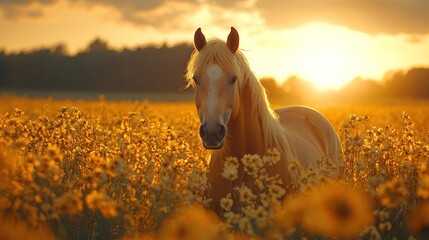 Golden Horse in a Field at Sunset. Possible use Stock photo for nature, animals, or idyllic scenes