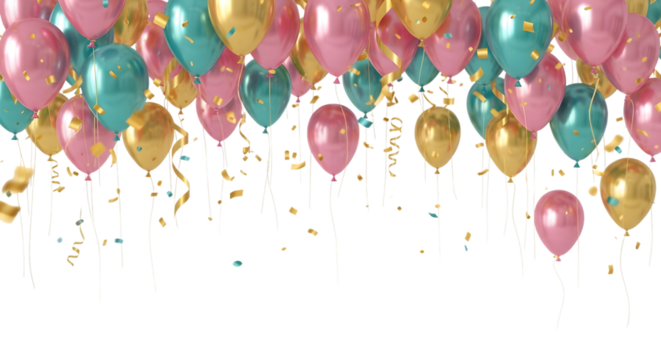 Colorful balloons and confetti falling isolated on transparent background