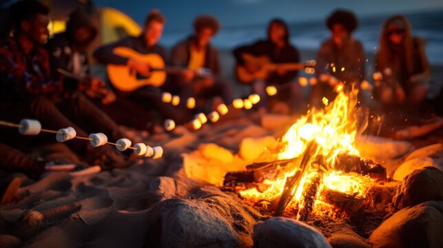 A group of friends enjoying a cozy beach bonfire while roasting marshmallows and playing acoustic guitars under the starry night sky creating memories of connection and joy - Powered by Adobe