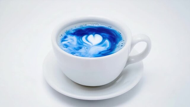 A cup filled with blue liquid featuring a heart design inside
