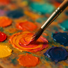 Obraz premium Vibrant paintbrush mixing colors on artist palette, macro close up