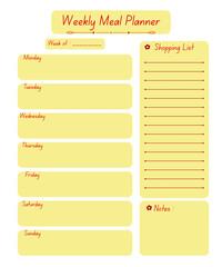 Weekly meal planner template, shopping list, simple and minimal graphic design illustration