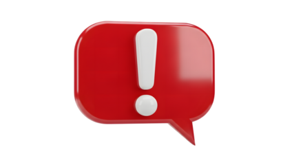 Red speech bubble with white exclamation mark on white background.